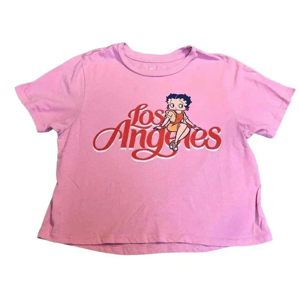 Betty Boop Womens Pink Los Angeles Crop Top‎ Sz L California Classic Cartoon